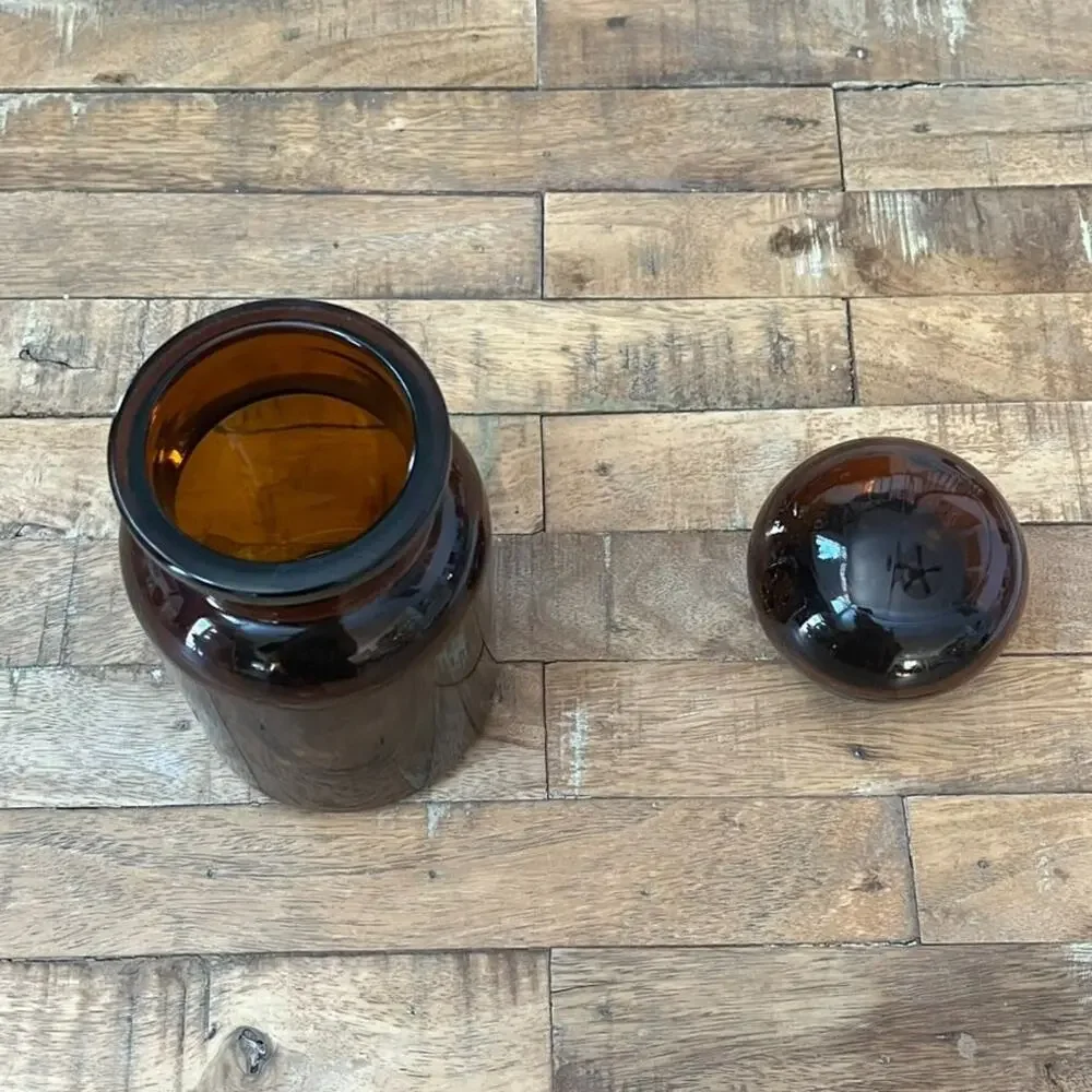 Vintage Belgium Brown Amber Glass Container Apothecary Jar Bubble Lid